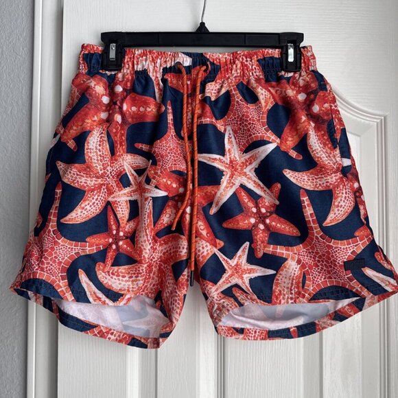 Hugo Boss Mens Swim Shorts Medium 5 Inch Inseam Orange Starfish Blue Swim Trunks - Picture 1 of 6